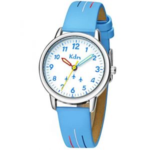 KDM Montre Enfants Montre P&eacute;dagogique Apprentissage Filles Gar&ccedil;on Montres &Eacute;tanche Analogique Quartz Montre Bracelet Cuir Bleu Time Teacher, Cadeaux pour Enfant 3-12 Ans (KDM Direct-FR, neuf)