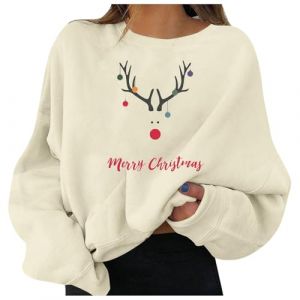 Pull de Noel Femme Manches Longues Col Rond Rigolo Noel Sweat-Shirt Hiver Chaud Christmas Pull Over Grande Taille 2024 Pull Noel Moche Tunique Femme (N02-Beige, M) (QinMM, neuf)