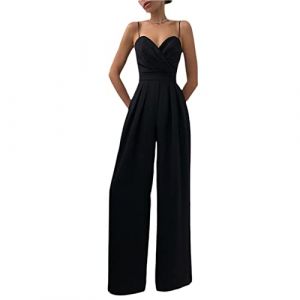 Geagodelia Combinaison Pantalon Femme Sans Manches Col V Jumpsuit à Bretelles Dos Nu Jambe Large Couleur Uni Chic Elégant Pour Soirée Mariage Cérémonie Fête (Noir, M) (xiqingluo, neuf)