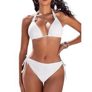 CMTOP Maillot de Bain Femme 2 Pieces Halter Triangle Bikini Bretelles R&eacute;glables Taille Haute Maillot de Bain &agrave; Cordon Sexy Maillots Deux Pi&egrave;ces de Plage El&eacute;gant Ensemble de Bikini(Blanc_1, XXL) (Lemens, neuf)