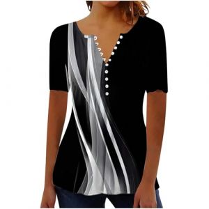 Chemisier Femme Chic et Élégant Manches Courtes Tshirt Chemisiers Et Blouses Grande Taille Imprimé Plissé Henley Tunique Tops Col V Blouse de Soie Boheme Haut Tunique Été Tee Shirt Femmes Solde (⭐⭐⭐⭐⭐AEGJEGVD(5-15 jours Arrivé), neuf)