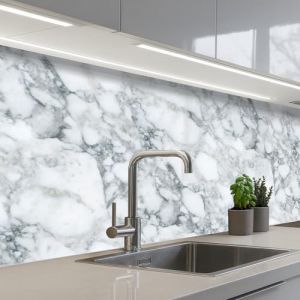 KitchenYeah© Crédence Cuisine À Coller 60x150 cm Protection Plaque De Cuisson Adhesif Plastique Rigide Dalle Murale Mosaïque - Marbre - Blanc - Irrégulier (KitchenYeah, neuf)