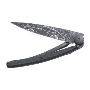 Deejo - Couteau de Poche Pliant 27g - Manche en Fibre de Carbone, Lame en Acier Inoxydable Z40C13 - Motif Young Timer - Couteau de Table, Randonn&eacute;e, Camping, Bivouac (Deejo, neuf)