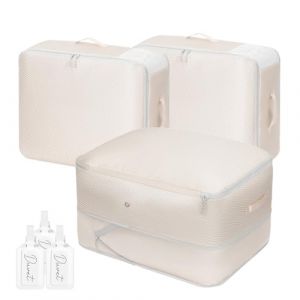 DIMJ Sac de Compression - Housse de Rangement Vetement Couette avec Poignées Renforcées, Organisateur D'auto-Compression pour Couettes, Vêtements, Oreillers, Linge de Lit, Écharpes, Lot de 3 (Beige) (lv zhu EU, neuf)