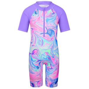 HUAANIUE Filles Maillot de Bain 1 Pièce 2-12 Ans, Anti-UV UPF 50+ Manches Courtes, Fermeture Éclair Frontale, Imprimés Colorés, Idéal pour Plage et Piscine (S431-Agate Violette, 5-6 Ans) (HUANQIU EUR STORE, neuf)