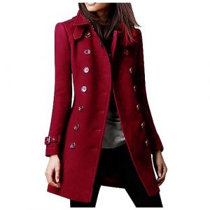 Susenstone Femme Manteaux en Laine Mélangée à Double Boutonnage Manteau Femme Hiver Chic Manteau Chaud Mi-Long Épaulette Manteau Mince Blazer Long Manteau Couleur Unie Coupe-vent Mi-long Blouson (⭐⭐⭐⭐⭐Susenstone, neuf)