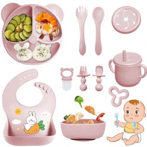 Bizcasa Coffret Repas Bebe 11 pièces, Vaisselle Antiderapant pour Bébé Set Silicone avec Ventouse Assiette Bol Fourche Cuillère Bavoir et Tasse, Assiette Enfant Set, Sans BPA (Rose clair) (Kidtvan XP Kft., neuf)