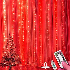Rideaux Guirlandes Lumineuses, 3m*3m 300LED LED Rideaux Fenêtre Rideau Fée Lumières Scintillantes USB avec Fenêtre À Distance Fée Guirlande Lumineuse (Rouge) (HUHUL, neuf)