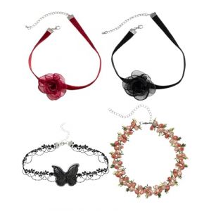 JEXOWIQ Collier ras du cou,4 pcs avec pendentif pour femme, collier ras du cou en dentelle brod&eacute;e de fleurs, collier ras du cou en p&eacute;tales de rose,collier ras du cou en dentelle pour filles (GUO  ZEXIAO UK STORE, neuf)