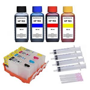 Cartouches d'encre rechargeables compatible avec HP 903 (XL) noir cyan magenta jaune + 400 ml d'encre pour OfficeJet 6950, OfficeJet Pro 6868, 6950, 6960, 6970, 6975, 6978 (LED-lampe24, neuf)