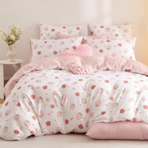 Freyamy Housse de Couette 220x240+2 Taie d'oreiller 65x65cm Blanc Rose Color&eacute; Fraise N&oelig;ud Coeurs Parure de lit 2 Personnes Adulte Sets de Housse Couette en Microfibre avec Fermeture &Eacute;clair (Mitchell'SZ, neuf)