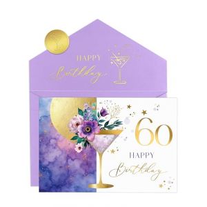 Joli Coon Carte anniversaire 60 ans ELEGANT &ndash; Carte pliable de haute qualit&eacute; avec illustration florale de martini et enveloppe aux tons pastel &ndash; Carte anniversaire 60 ans femme (JoliCoon, neuf)