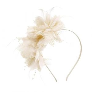 Bibi &agrave; plumes et perles en maille avec fleur - Serre-t&ecirc;te pour cocktail, f&ecirc;te, mariage - Bibi formel - Accessoire pour cheveux - Beige (Haifly, neuf)