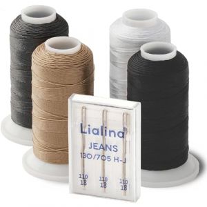 Lot de fil &agrave; coudre 100 % polyester - Fil extra fort avec aiguilles pour machine &agrave; coudre - 4 x 250 m (blanc, noir, gris, beige) - Fil de cuir pour tissus &eacute;pais - Certifi&eacute; Oeko-Tex - &Eacute;paisseur 30 (Varento, neuf)