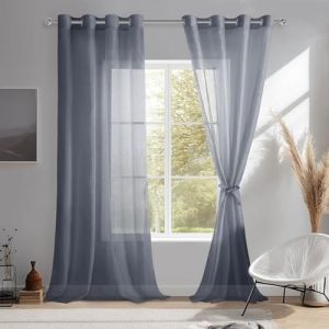DWCN Lot de 2 Rideaux Voilages à Oeillets pour Fenêtre, Rideau Transparents avec Embrasses pour Chambre à Coucher, Gris Foncé, 132x210cm (Largeur x Hauteur) (DWCN EU, neuf)
