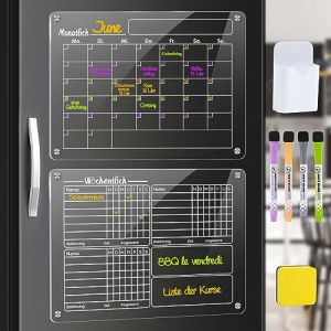 BASVII Calendrier Magnetique Frigo Transparent, 2 Pack Planning Mensuel Familial Acrylique, 40x30cm Planificateur de Repas Hebdomadaire avec 4 Marqueurs 1 Gomme 1 Porte-Stylo (Version Allemande) (DE BIASI GIULIA, neuf)