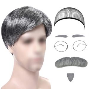JIHUOO Lot de 7 costumes de vieil homme gris pour grand-père - Perruque fausse barbe, sourcils, filet de poisson, perruque ronde pour déguisement de vieil homme (cheng juan1, neuf)