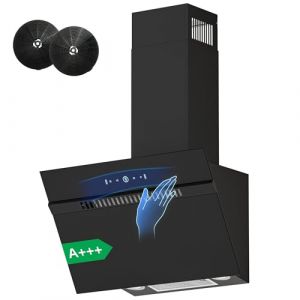 FIREGAS Hotte aspirante inclinée 60 cm, classe A+++, débit d'air 684 m³/h, hotte de cuisine 9 vitesses, commande tactile et gestuelle, hotte murale évacuation ou recyclage, noir (Firegas Kitchen Appliances, neuf)