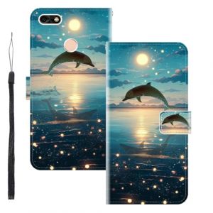 WUACYEAMING Coque pour Huawei Y6 Pro 2017/P9 Lite Mini,Protection Housse en Cuir PU Portefeuille &agrave; Rabat Motif Cover Kickstand Bumper Antichoc [Fentes pour Cartes] Les Dauphins (WUACYEAMING, neuf)