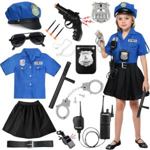 NEUFOOD Deguisement Policier Fille, Costume Policier Enfant Deguisement Fille,avec Chemise Jupe Chapeau Menotte Police Talkie-Walkie Police Jouet pour Fille Policiere Carnaval Halloween (130-140CM) (HUAJIESW, neuf)