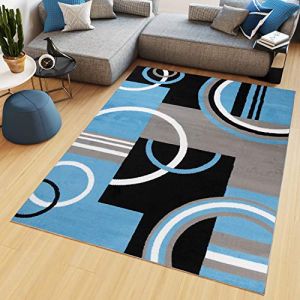 TAPISO Maya Tapis Poil Court Moderne Bleu Gris Noir Blanc Géométrique Motif Lignes Cercles Tapis Salon Chambre Salle à Manger Adulte Bureau Oeko-TEX Résistant 140 x 200 cm (TAPISO-FR, neuf)