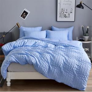 Freyamy Seersucker Housse de Couette 140x200cm+1 Taie d'oreiller 65x65cm Gaufré Rayé Structuré Bleu Parure de lit en 100% Microfibre Sets de Housse Couette Adulte Fille avec Fermeture Éclair (Mitchell'SZ, neuf)