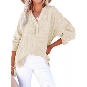 PADOLA Chemisiers et Blouses Femme Gaze de Coton Chemisier Femme Chic et élégant Chemise Henley Manches Roulées Décontracté Tunique Bouton Blouse Couleur Uni Tee Shirt été Haut Top (3 Beige, 2XL) (Chaos World Apparel, neuf)