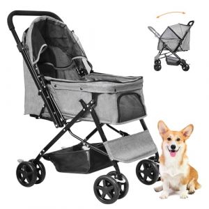 Joyfultails Poussette Pliable Chien/Chat 20kg Capacité - Buggy Tout Terrain avec Toit Amovible, Poignée Ergonomique et Roues Verrouillables & Housse Imperméable, Gris (SHXIONGBING, neuf)