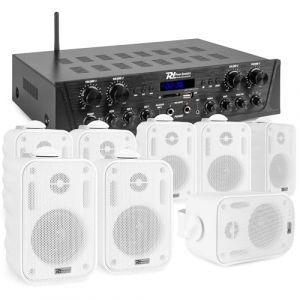 Power Dynamics Pack Sonorisation 4 Zones 400 Watts Bluetooth avec 8 Enceintes Blanches, Lecteur MP3 USB/SD, Radio FM, Entr&eacute;es Micro, T&eacute;l&eacute;commande - Kit Complet pour Multi‑Pi&egrave;ces, Restauration (Sono Mat&eacute;riel, neuf)