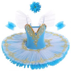IDOPIP Robe Ballet Enfant: Tutu Danse Classique Fille Justaucorps Danse Fille Ballerine Costumes Paillettes Broderie sans Manches Plateau Tutu - Spectacle De Ballet Danse Bleu 150 (BXH, neuf)