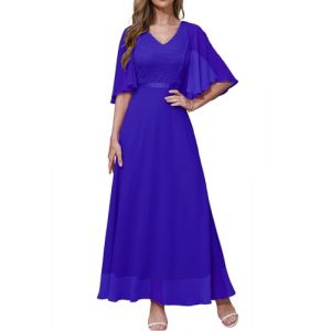 DRESSTELLS Robe de Soirée Femme Élégante en Col V pour Cocktail Cérémonie Bal de Promo, Robe Demoiselle d'honneur Femme pour Mariage Invité avec Manches Courtes Bleu Royal L (Dresstells, neuf)