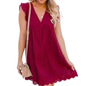 Juneyou Robe Katimy avec short - Robe Katimy - Avec short intégré - Dentelle ajourée - Avec short, bordeaux, M (缤纷百货, neuf)