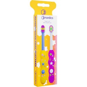 Lot de 2 brosses &agrave; dents &eacute;cologiques pour b&eacute;b&eacute; de 0 &agrave; 2 ans, avec 4 080 poils, taille Nordics (jaune/violet + rose/blanc) (giga-sale, neuf)