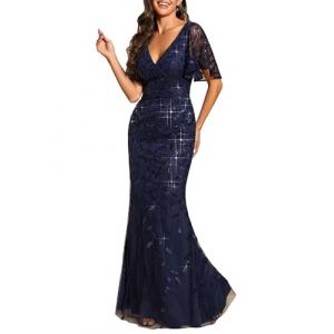 Ever-Pretty Sir&egrave;ne Robe de Soir&eacute;e Femme Longue Paillettes Manche Courte Feuilles Splendide Bleu Marine 42 (Ever-Pretty Plus, neuf)