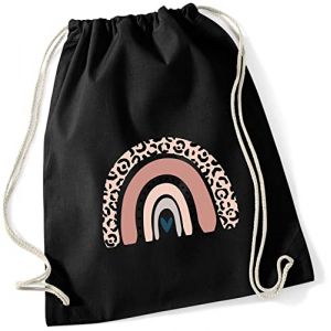 Sac de gym pour enfant en coton avec arc-en-ciel en rose | Motif imprimé LEO pour fille | Sac à dos en tissu à cordon de serrage, Noir (minimutz, neuf)