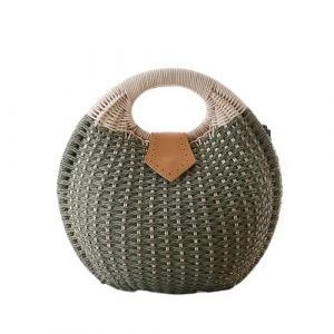 HINGTAT Sac en rotin rond de style bohème - Fait à la main - Pour femme - Tendance - Sac de plage d'été - Sac à bandoulière en rotin classique - Sac en paille chic, vert militaire (HINGTAT-FR, neuf)