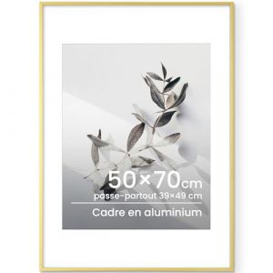 Cadre Photo 50x70 cm Or - Cadre Photo en Aluminium pour Photos 50x70 cm Sans Passe-Partout ou 39x49 cm avec Passe-Partout - Cadre en M&eacute;tal avec Verre Tremp&eacute; pour Grandes Photos Expositions Oeuvres (Feihorrm-FR, neuf)