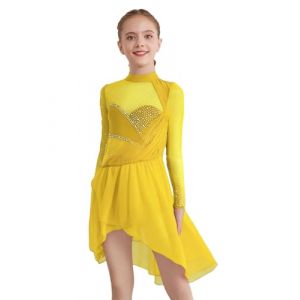 TTAO Robe Danse Contemporain Enfant Fille Justaucorps de Patinage Artistique Manches Longues Robe Danse Lyrique Asym&eacute;trique Justaucorps Gymnastique Comp&eacute;tition 5-16 Ans Jaune 7-8 Ans (TTAOSHOP EU, neuf)