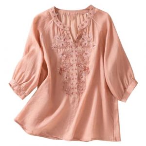 Chemisier Coton et Lin Manches Courtes pour Femme Blouses Ample Col Rond Tunique D'&eacute;t&eacute; Boh&egrave;me Folklore Vintage Broderie Top Hauts L&acirc;che Respirant T-Shirts Grande Taille Pas Cher Tunique Blouse Mode (GUnakd, neuf)