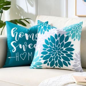 2 Pi&egrave;ces Housse de Coussin Canape 50x50 Bleu Canard Fabriqu&eacute; en Peluche Courte Doux Comme du Velours, Housse Coussin Decoration Salon &agrave; Motif Fleurs Dahlia Imprim&eacute; Nature pour Ferme Jardin Canap&eacute; (Qiou EU, neuf)