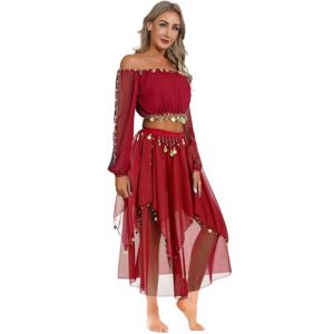 TTAO Costume Danse du Ventre Femme Robe Danse Orientale Haut de Dance Classique Manche Longue et Pantalon D&eacute;guisement Indienne Princesse Costume Carnaval Halloween Rouge Taille Unique (TTAOSHOP EU, neuf)