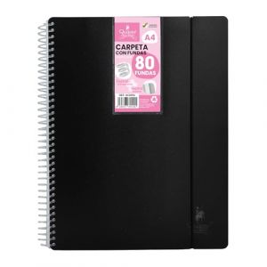 Quichotte Paper World Classeur à spirale flexible avec 80 pochettes, transparentes lisses, A4, couverture en plastique résistant, pour bureau, école, personnel - Noir (MaxiDescuento Market, neuf)