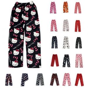 Pantalon Pyjama Femme Bas De Pyjama Flanelle Polaire Chaud et Doux Confort Cartoon Chat Anime Imprimé Kawaii Pantalon de Pyjama Pas Cher Hiver été Maison Pyjama Pant (Kitty-FR(Livraison 5-12 jours), neuf)