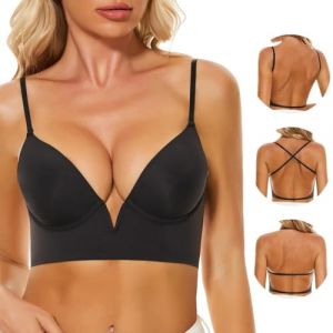 Soutien Gorge Dos Nu - Rembourrage Léger sans Couture Soutien Gorge Dos Nu Invisible Décolleté Plongeant Brassière Soutien Gorge avec Armature Bretelles Réglables(Black,85C) (EnShiShiKuiBianShangMaoYouXianGongSi, neuf)