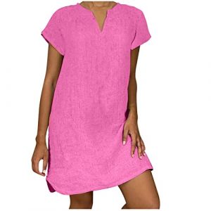 Robe d'été en lin pour femme - Robe midi décontractée à manches courtes - Robe en coton - Col en V - Robe tunique grande taille - Robe d'été trapèze - Robe de plage quotidienne, Rose (01), L (iNSe 51%, neuf)