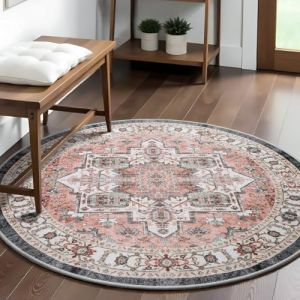 Carvapet Lavable Tapis Rond 150cm Antid&eacute;rapant Fin Rose Tapis Circulaire Salon Chambre Retro M&eacute;daillon Tapis de Sol Tapis de D&eacute;coration (CarvapetUK, neuf)
