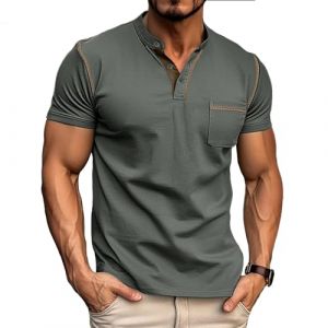 Tee Shirt Homme Coton Henley T-Shirts à Manches Courtes Col Tunisien et Boutons Basic Tee Légére Top pour Homme Gris L (LPD STORE, neuf)