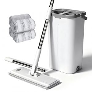 Serpilli&egrave;re Seau Essoreur, Masthome Serpill&egrave;re Microfibre Plat avec Manche INOX, Balai Plat Rotative 360&deg; avec 4 Serpill&egrave;res R&eacute;utilisables, Balai Serpilli&egrave;re pour Nettoyage Tous Types de Sols (masthome, neuf)