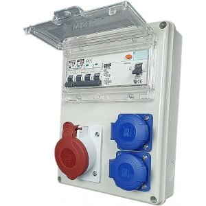 RoadEu - Coffret de chantier 16A 5P, 2x Prises - Disjoncteur Différentiel - Disjoncteur LS C16A - Répartiteur de courant de chantier IP44 - Prise industrielle Murale (RoadEu, neuf)
