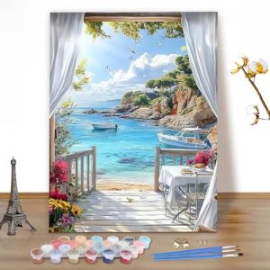MEIYUDA Peinture par Numero Adulte Paysage, Vue Mer Kit de Peinture à l'Huile sur Toile par Numéro, Decoration Maison Cadeau 40x50cm(sans Cadre) (JINBEIKANG, neuf)